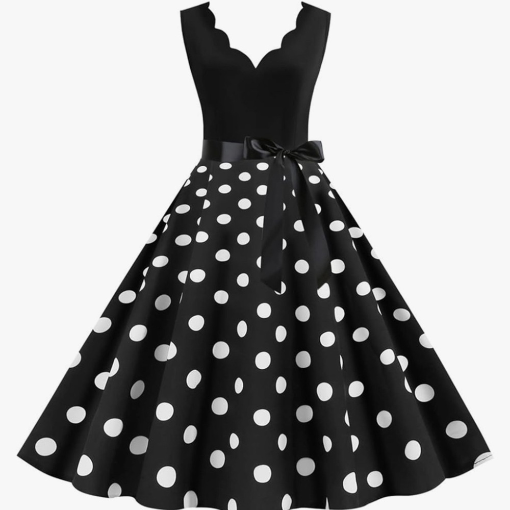 Women's Black with white polka dots A-Line Rockabilly Dress Swing Dress